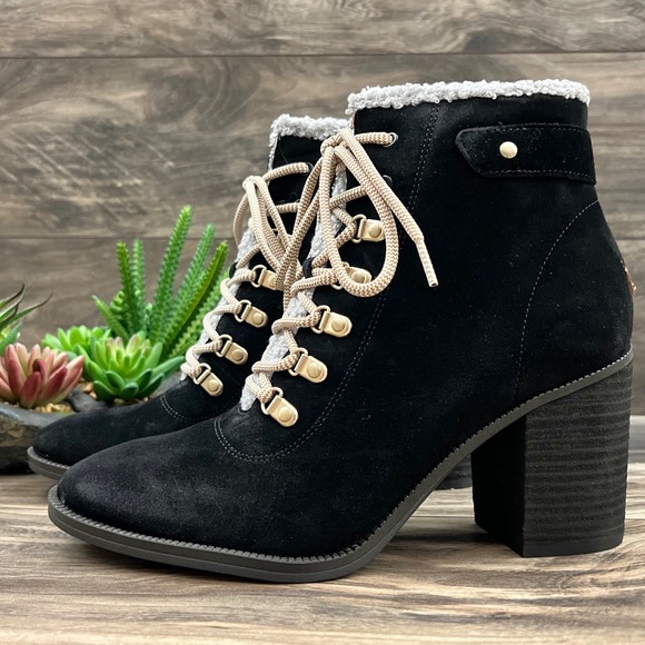 NIB Dr Scholls Loni Lace Up Combat Boots Bootie Heeled Black Suede - Picture 5 of 13